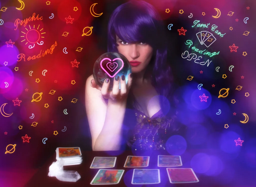 A person holds a crystal ball in a mystical setting, surrounded by tarot cards and colorful celestial decorations.
